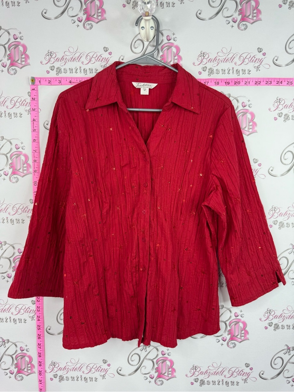 Tradition country collection Red Sequin-Accent Button Down Shirt